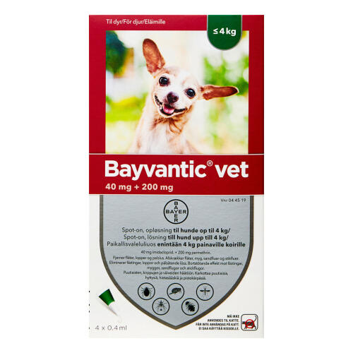 Køb Bayvantic Vet Til Hunde 0-4 kg 4 x 0,4 ml online hos apotekeren.dk