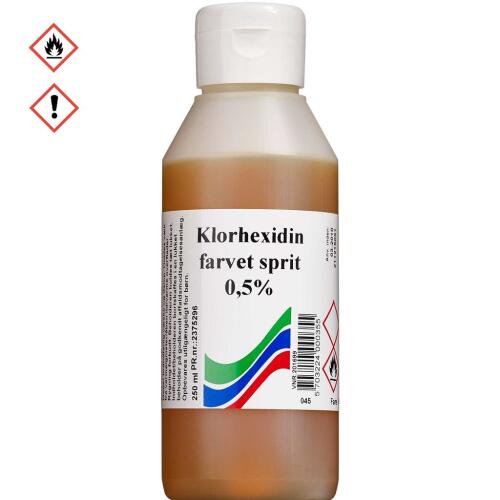 Køb Klorhexidin Farvet Sprit 0,5 % S.A. 250 ml online hos apotekeren.dk