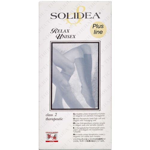Køb Solidea Relax Unisex komprimerende, behandlende knæstrømpe i klasse II Plus line – sort Str. L, 1 par online hos apotekeren.dk