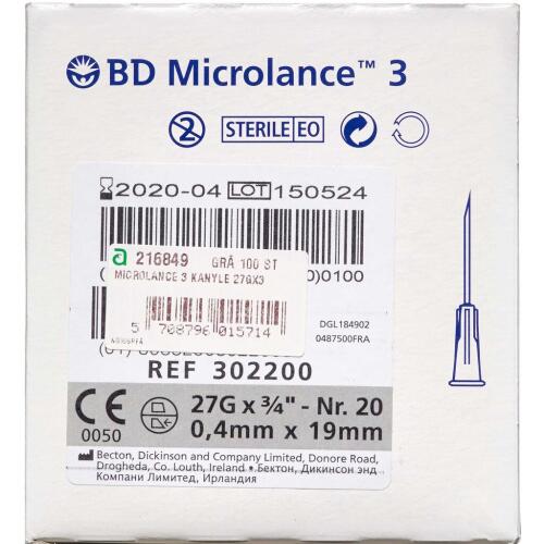 Køb Microlance 3 kanyler 27G3/4-0,4x19mm "Grå" 100 stk. online hos apotekeren.dk