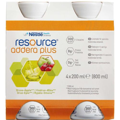 Køb Resource Addera Plus vindrue/æble 4 x 200 ml online hos apotekeren.dk