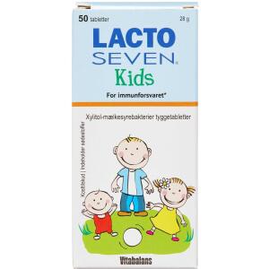 Køb Lacto Seven Kids tyggetabletter m. jordbær/himbærsmag 50 stk. online hos apotekeren.dk