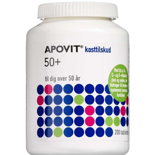 Køb Apovit 50+ tilskud med A- C- D-vitamin 200 stk.  online hos apotekeren.dk