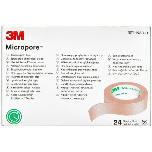 Køb Micropore Kirugisk Tape Lysebrun 1,2 cm x 9,1 m - Hospitalspakning 24 stk. online hos apotekeren.dk