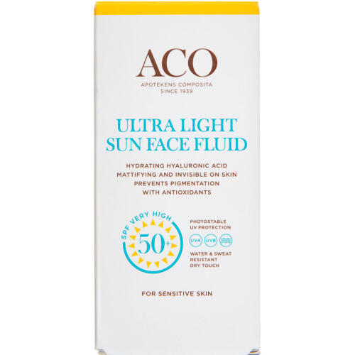 Køb ACO Sun Face Ultra Light Fluid Uden Parfume SPF 50+ 40 ml online hos apotekeren.dk