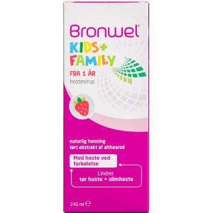 Køb Bronwel Kids+Family  Hostesaft - Jordbærsmag 240 ml online hos apotekeren.dk