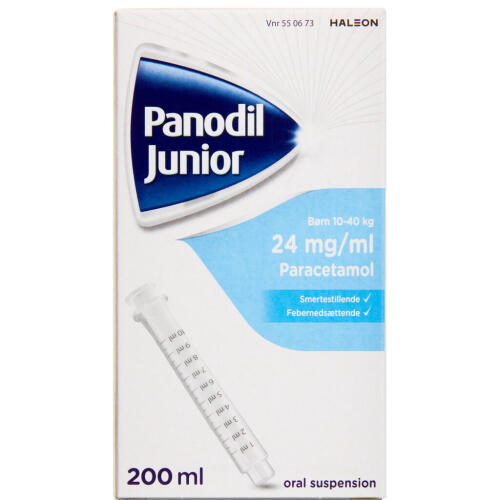 Køb Panodil Junior oral suspension/mikstur,  24mg/ml, 200 ml online hos apotekeren.dk