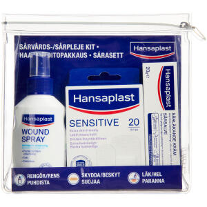 Køb Hansaplast Sårpleje Kit (sårspray 100 ml +  sårsalve 20 g +  sensitive plastre 20 stk) online hos apotekeren.dk
